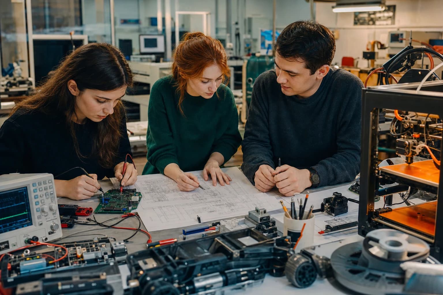 Rusya'da mühendislik laboratuvarında eğitim alan Rus görünümlü öğrenciler
