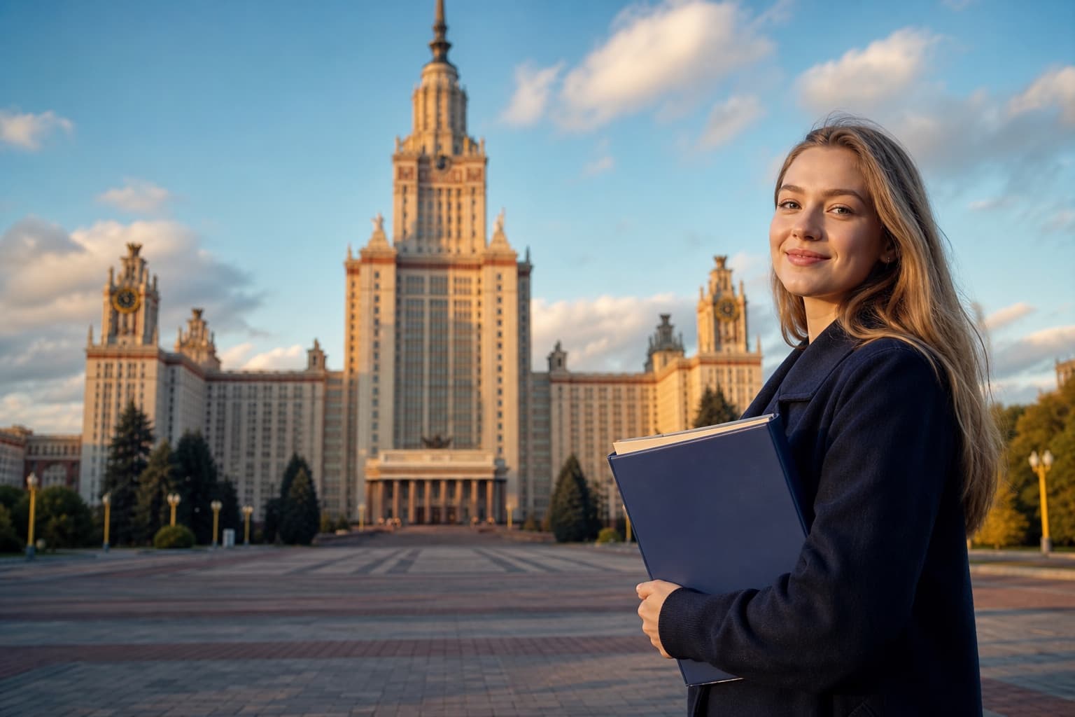 Rusya'da üniversite okumak 2026 rehberi — Moskova kampüsünde Rus görünümlü kadın öğrenci